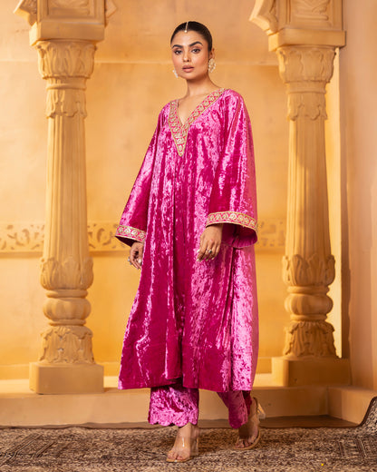 Mehru Fuschia Silk Velvet Kaftan with Palazzo and Dupatta - Set of 3