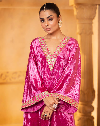 Mehru Fuschia Silk Velvet Kaftan with Palazzo and Dupatta - Set of 3