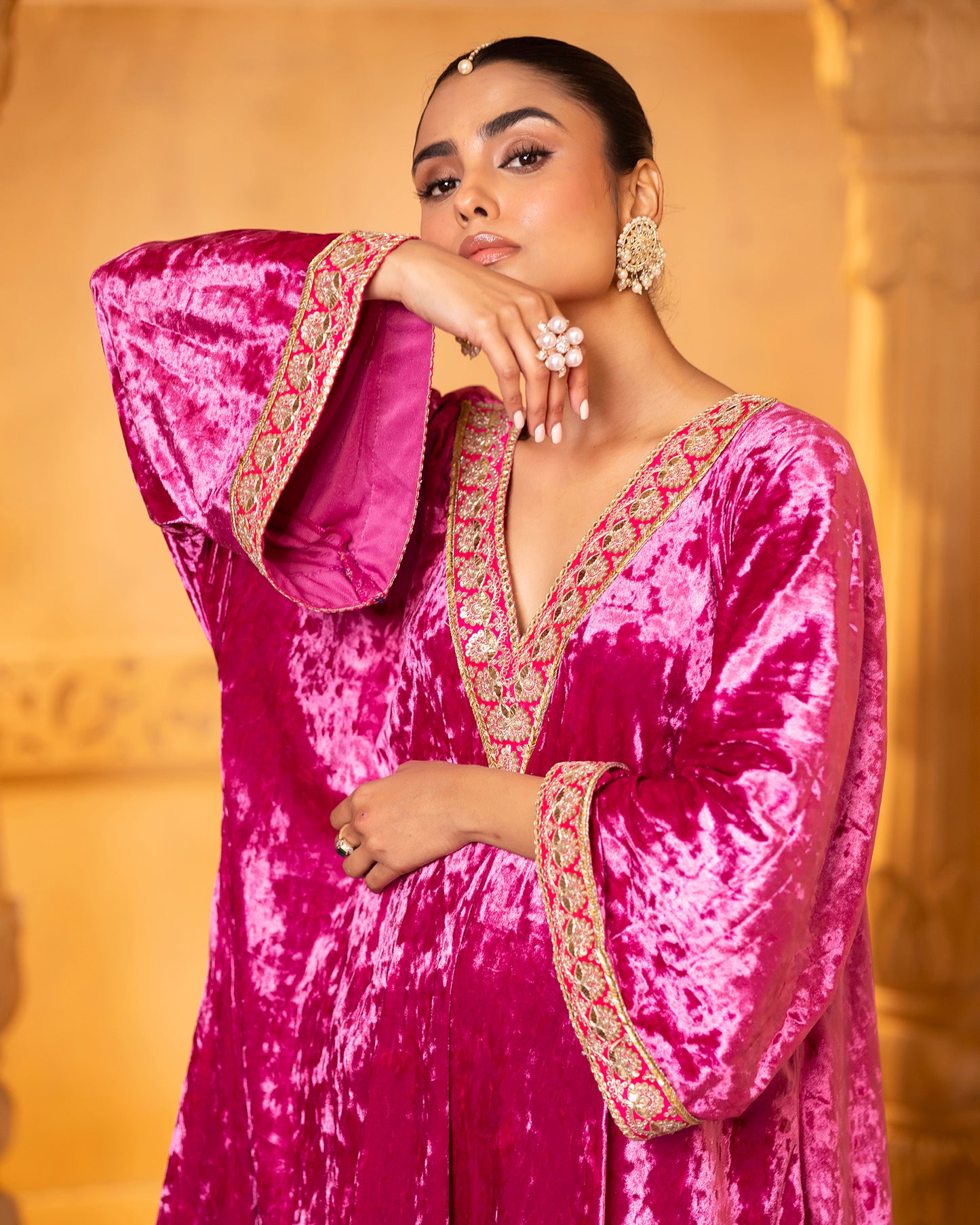 Mehru Fuschia Silk Velvet Kaftan with Palazzo and Dupatta - Set of 3