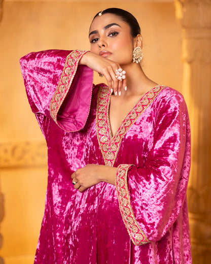 Mehru Fuschia Silk Velvet Kaftan with Palazzo and Dupatta - Set of 3