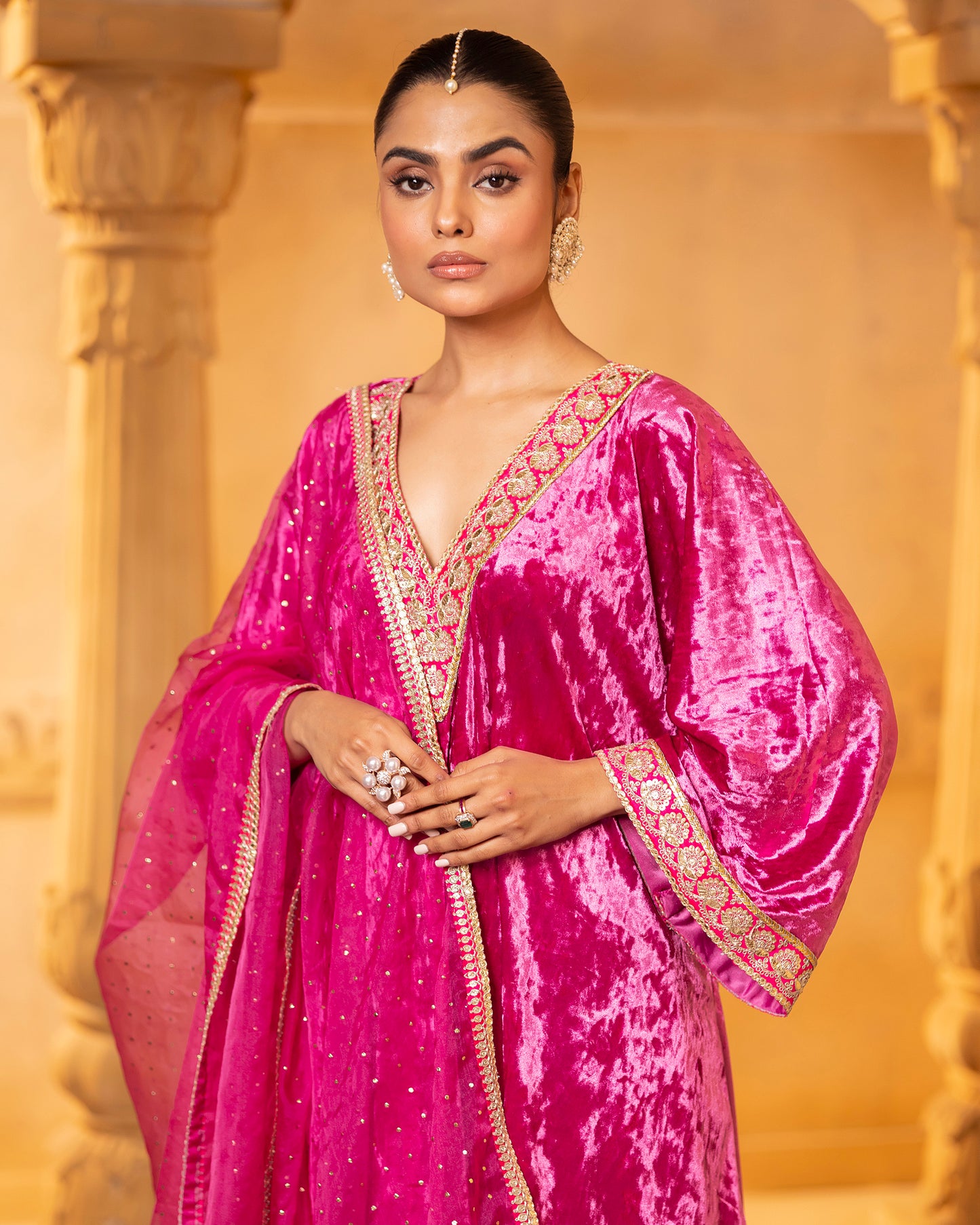 Mehru Fuschia Silk Velvet Kaftan with Palazzo and Dupatta - Set of 3