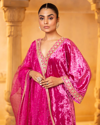 Mehru Fuschia Silk Velvet Kaftan with Palazzo and Dupatta - Set of 3
