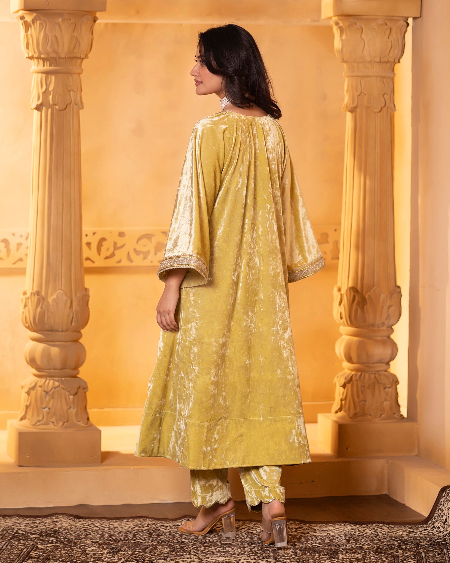 Mehru Lime Silk Velvet Kaftan with Palazzo and Dupatta - Set of 3
