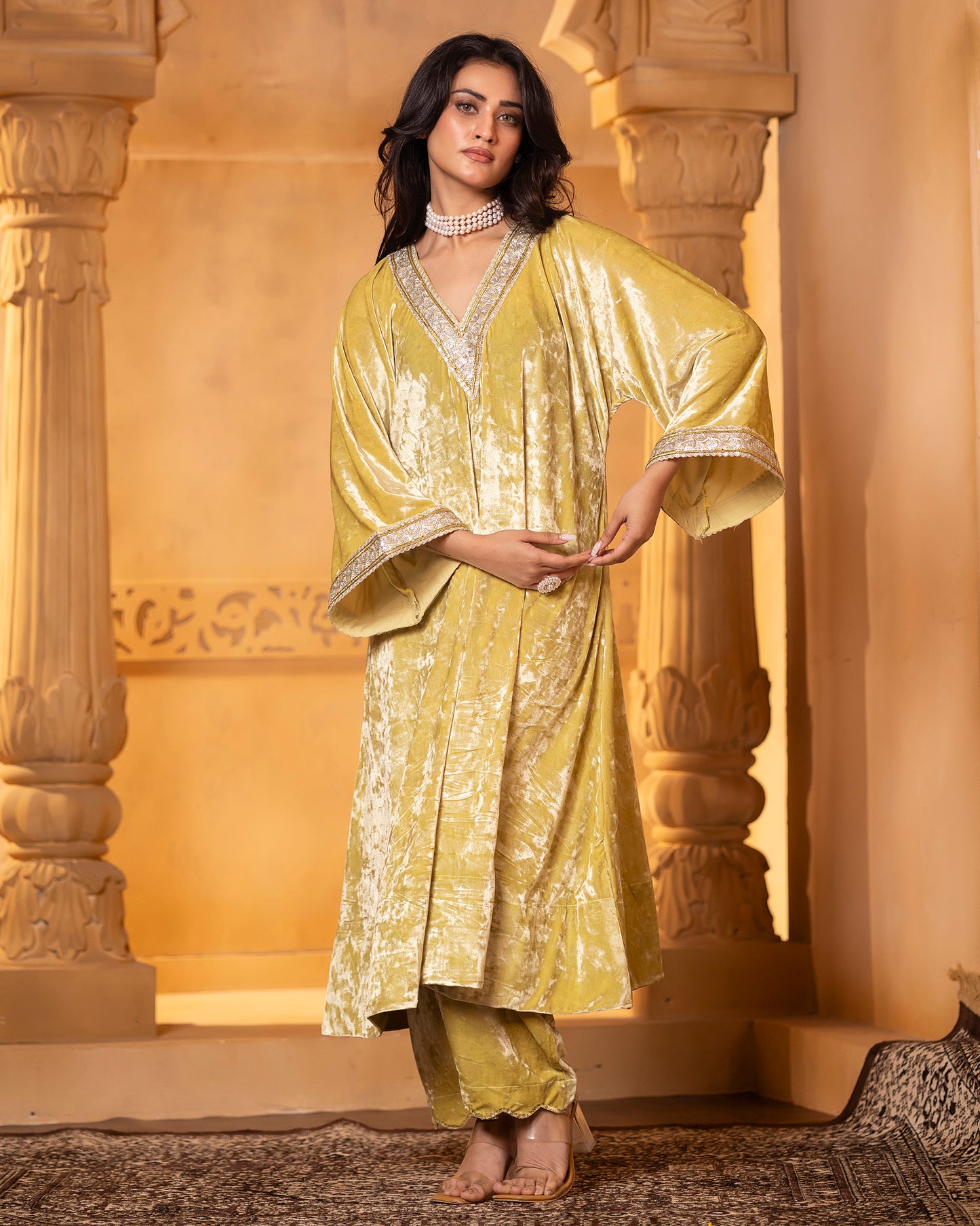 Mehru Lime Silk Velvet Kaftan with Palazzo and Dupatta - Set of 3