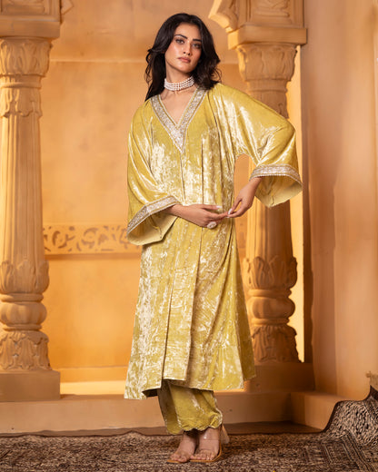 Mehru Lime Silk Velvet Kaftan with Palazzo and Dupatta - Set of 3