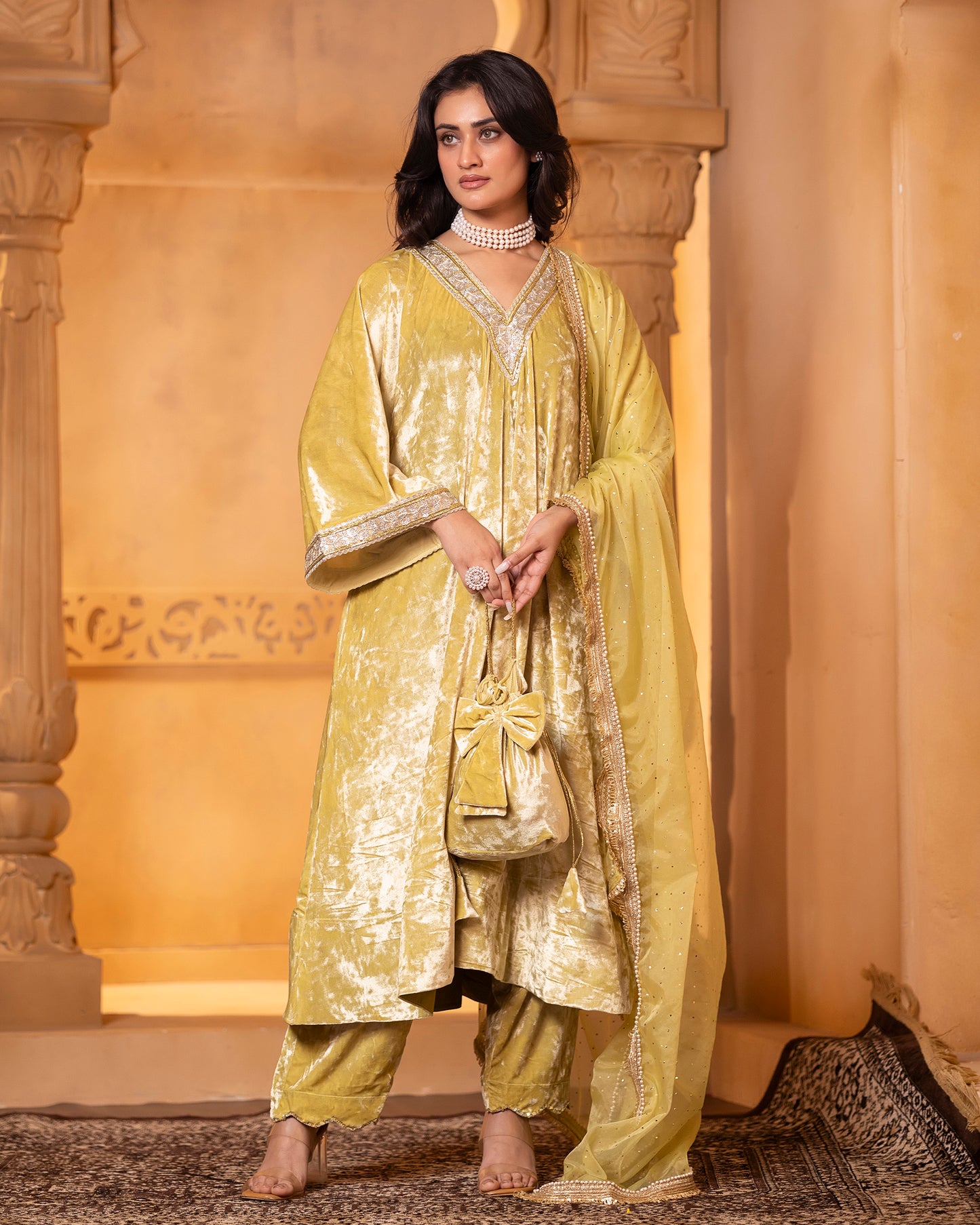 Mehru Lime Silk Velvet Kaftan with Palazzo and Dupatta - Set of 3