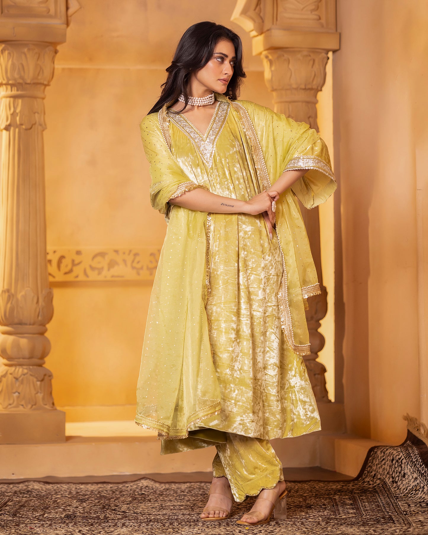 Mehru Lime Silk Velvet Kaftan with Palazzo and Dupatta - Set of 3