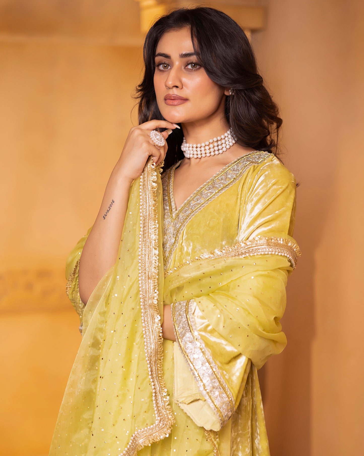 Mehru Lime Silk Velvet Kaftan with Palazzo and Dupatta - Set of 3