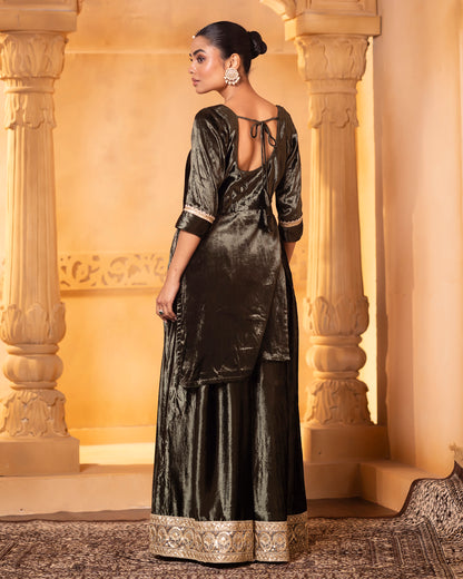 Mehru Olive Green Velvet Sharara Kurti And Dupatta (Set Of 3)