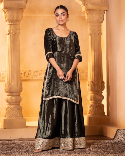 Mehru Olive Green Velvet Sharara Kurti And Dupatta (Set Of 3)