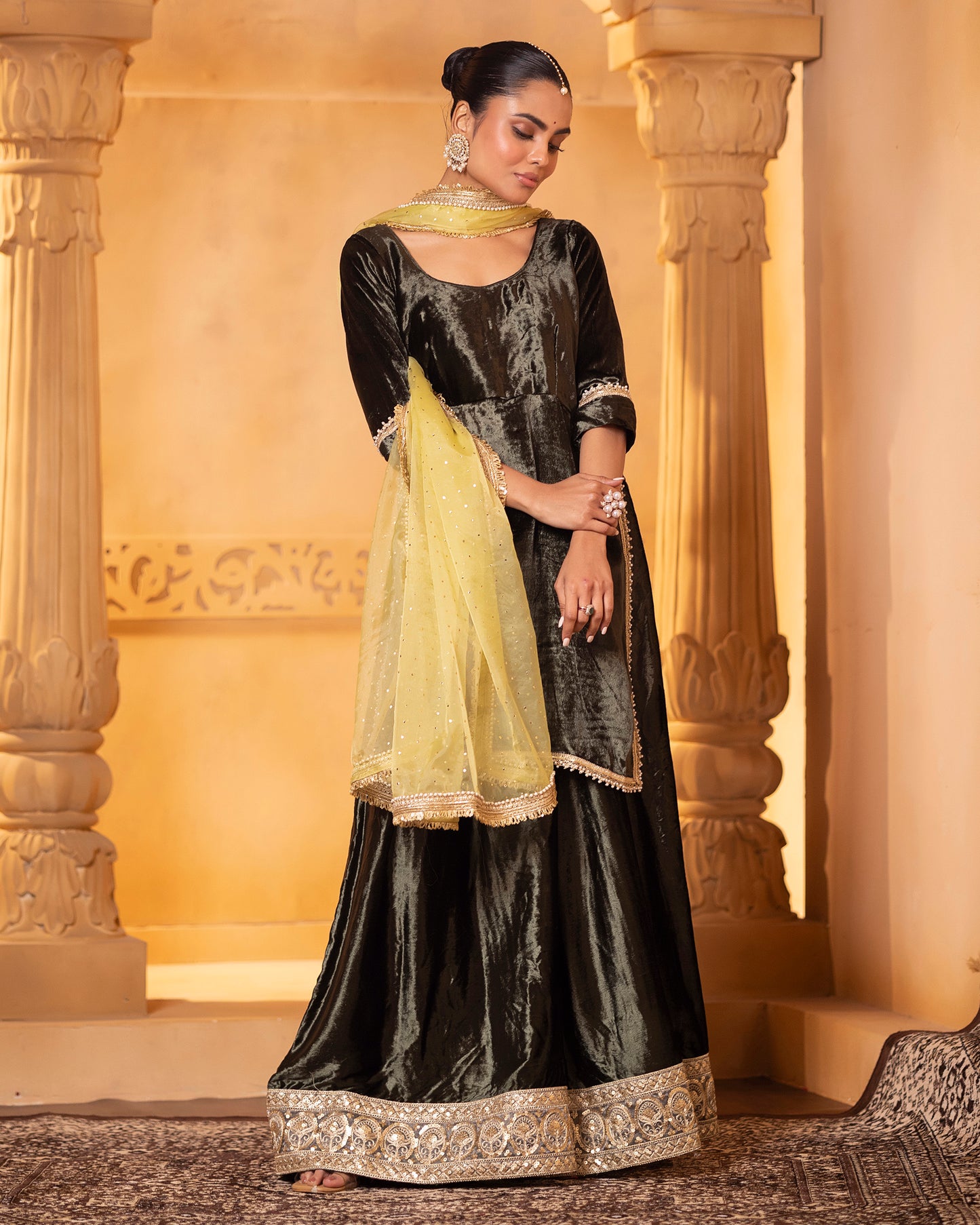 Mehru Olive Green Velvet Sharara Kurti And Dupatta (Set Of 3)