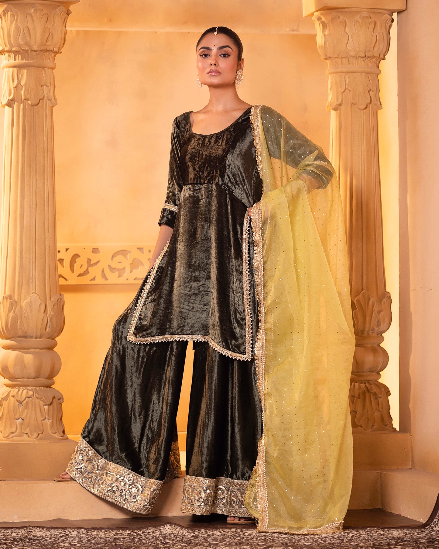 Mehru Olive Green Velvet Sharara Kurti And Dupatta (Set Of 3)