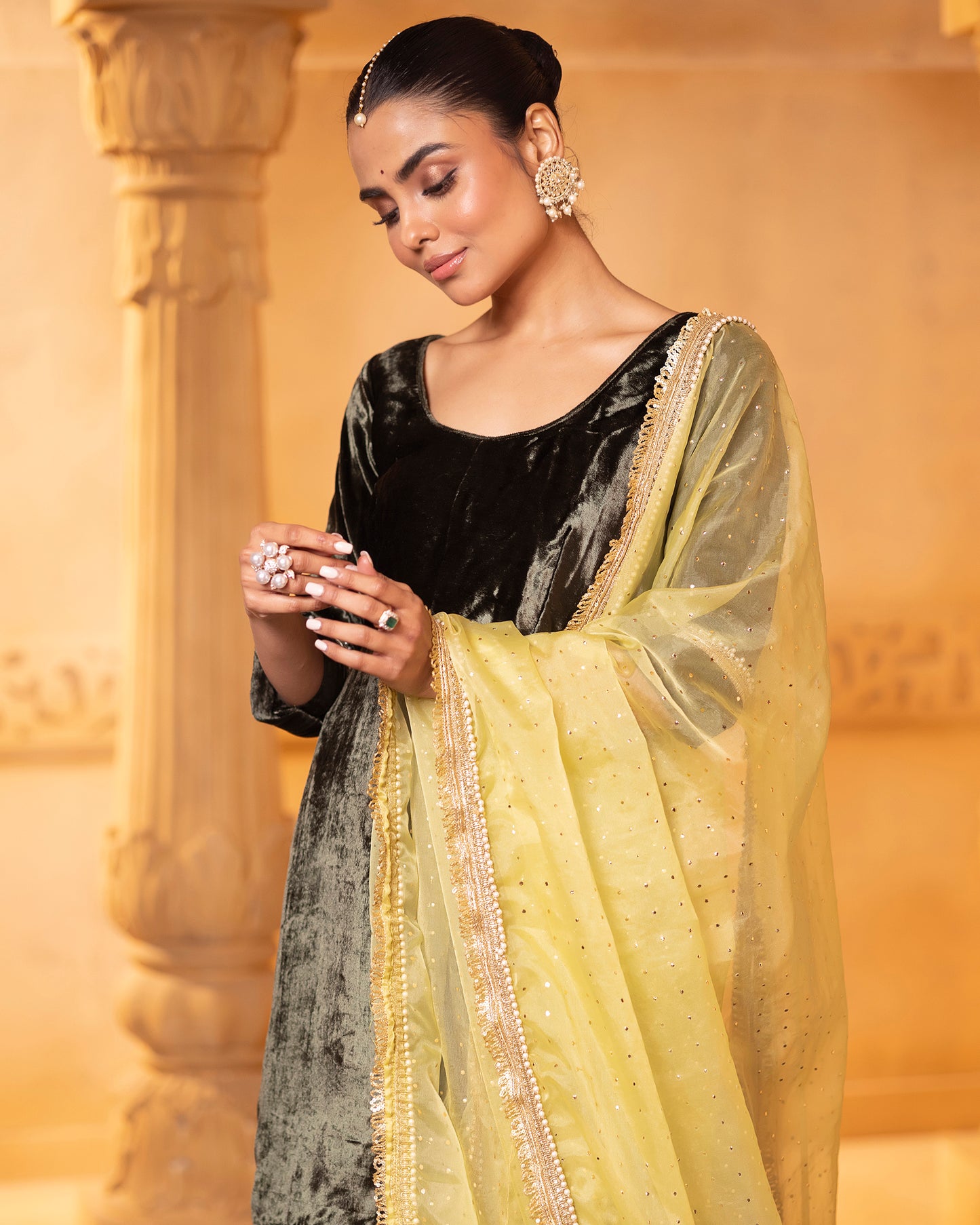 Mehru Olive Green Velvet Sharara Kurti And Dupatta (Set Of 3)