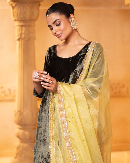 Mehru Olive Green Velvet Sharara Kurti And Dupatta (Set Of 3)