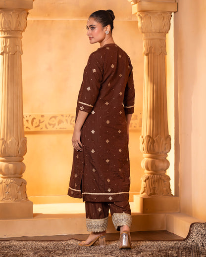 Naazrana Brown Pintuck Kurta, Salwar and Dupatta Set of 3