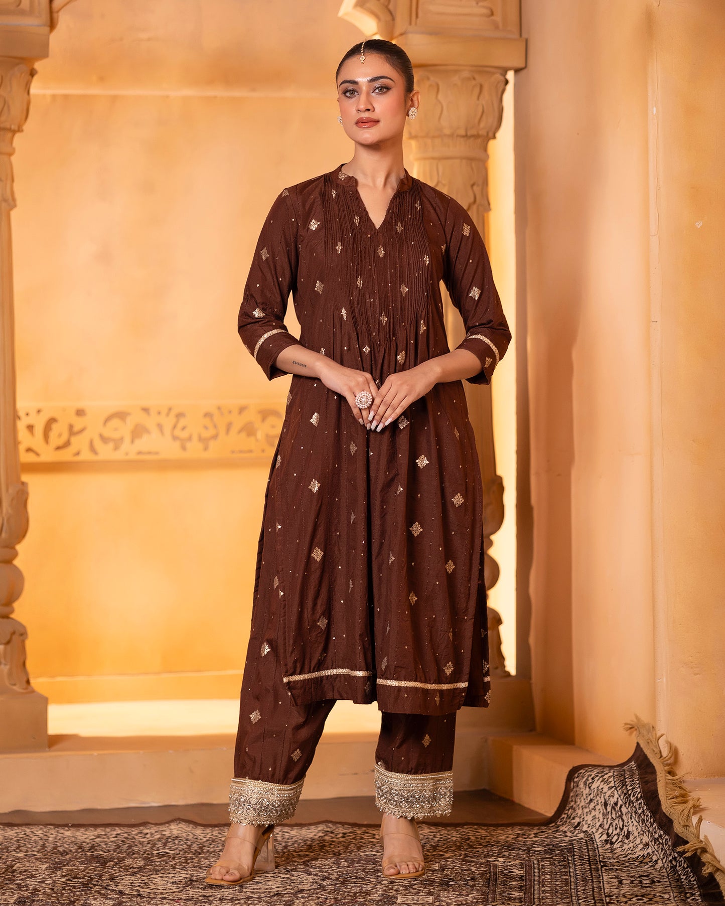 Naazrana Brown Pintuck Kurta, Salwar and Dupatta Set of 3