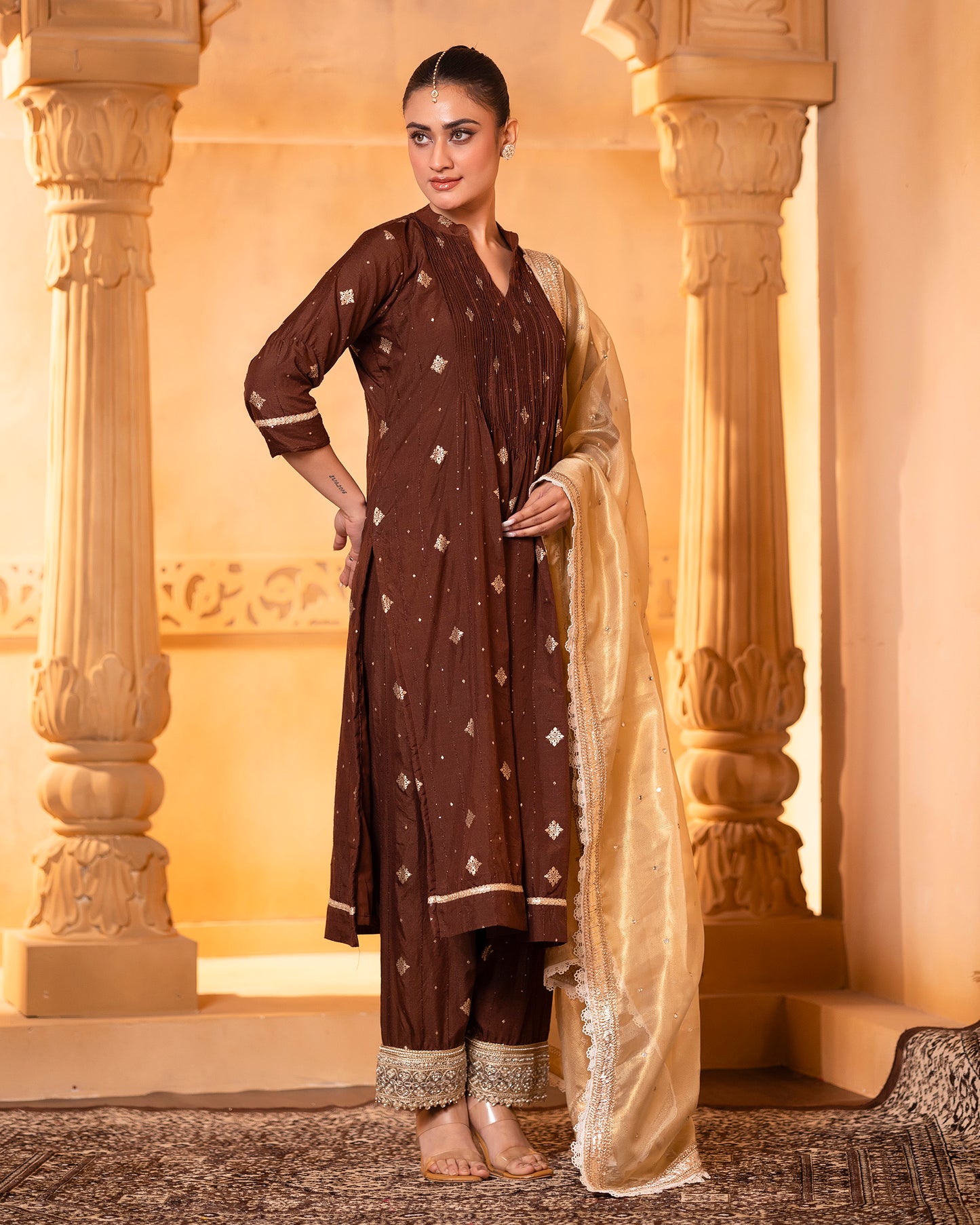 Naazrana Brown Pintuck Kurta, Salwar and Dupatta Set of 3