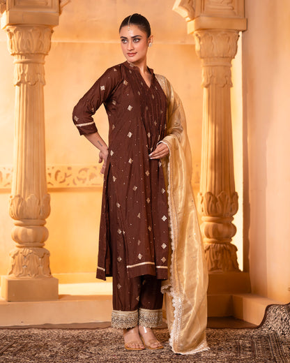 Naazrana Brown Pintuck Kurta, Salwar and Dupatta Set of 3
