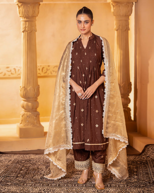 Naazrana Brown Pintuck Kurta, Salwar and Dupatta Set of 3