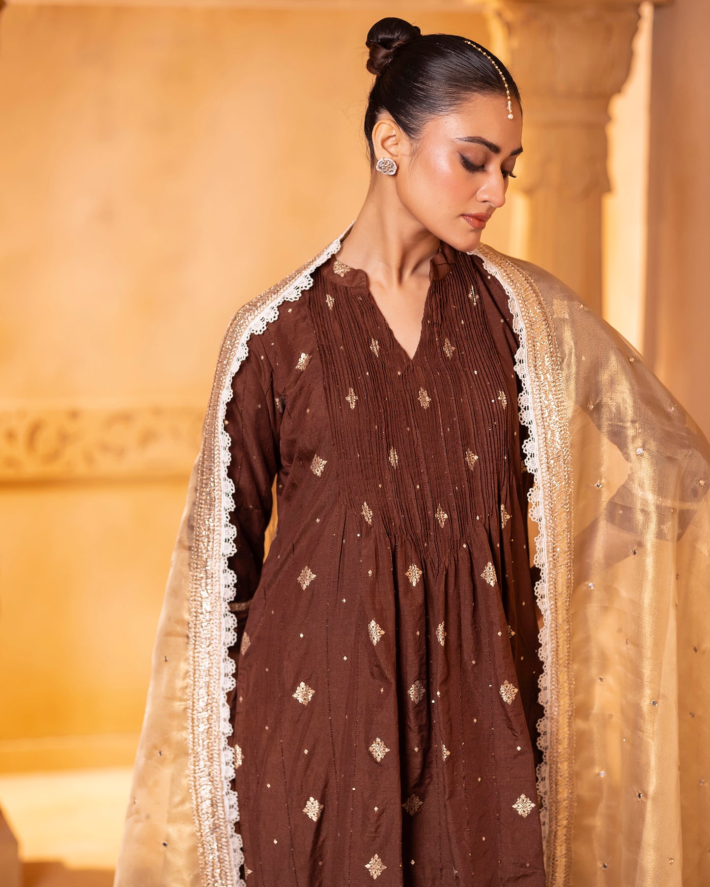 Naazrana Brown Pintuck Kurta, Salwar and Dupatta Set of 3