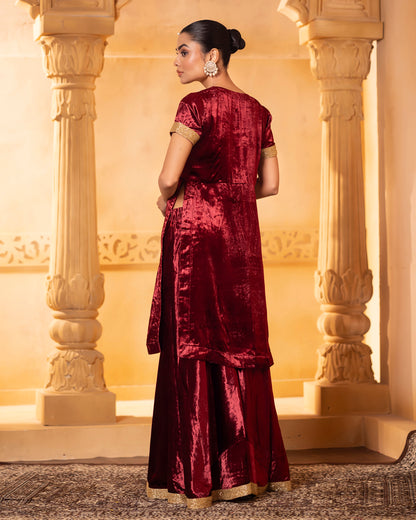 Mehru Maroon Velvet Sharara Kurti And Dupatta (Set Of 3)
