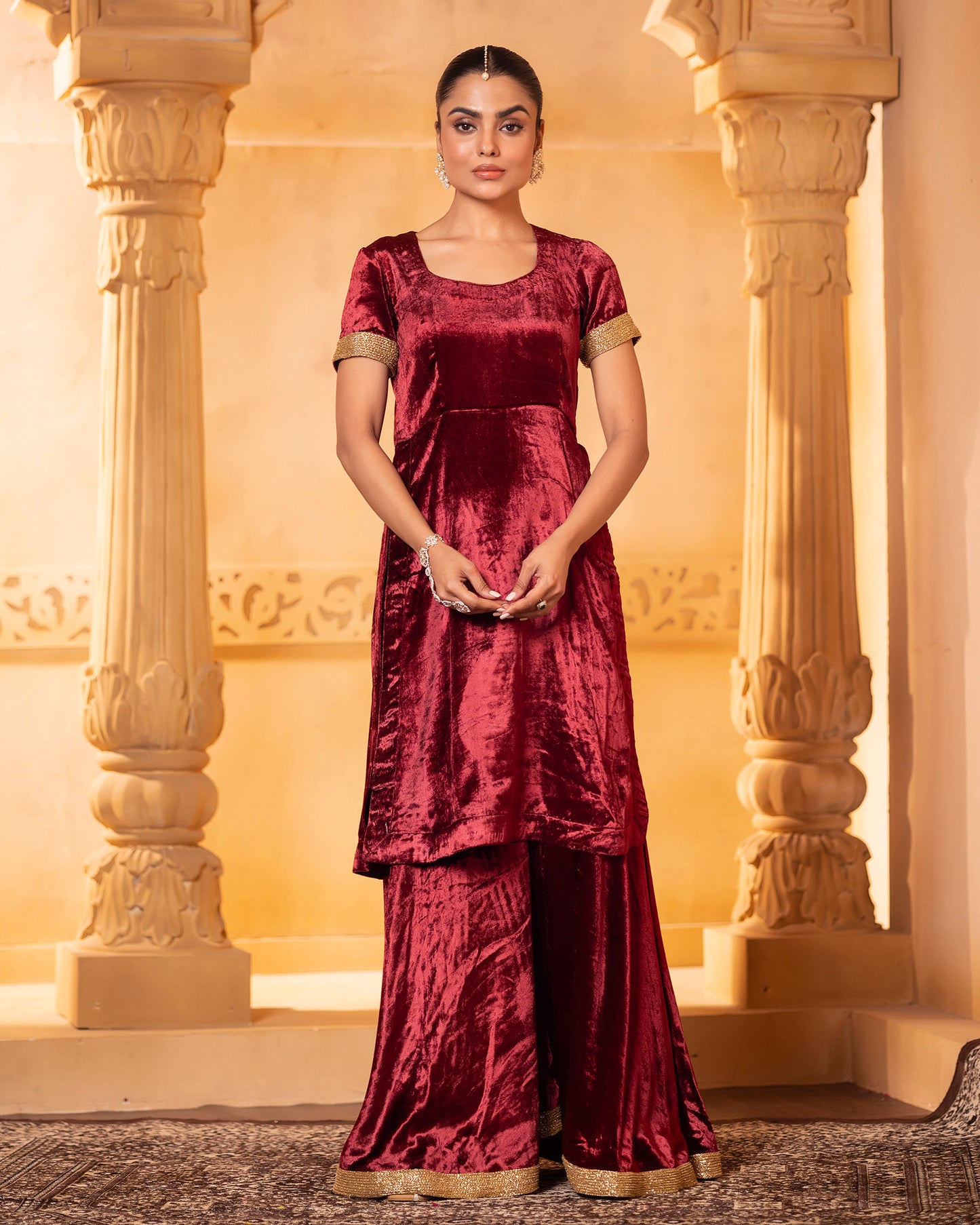 Mehru Maroon Velvet Sharara Kurti And Dupatta (Set Of 3)