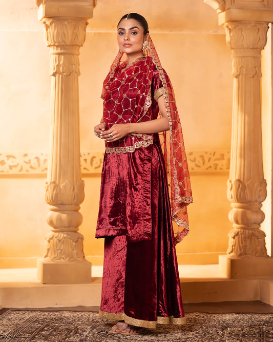Mehru Maroon Velvet Sharara Kurti And Dupatta (Set Of 3)