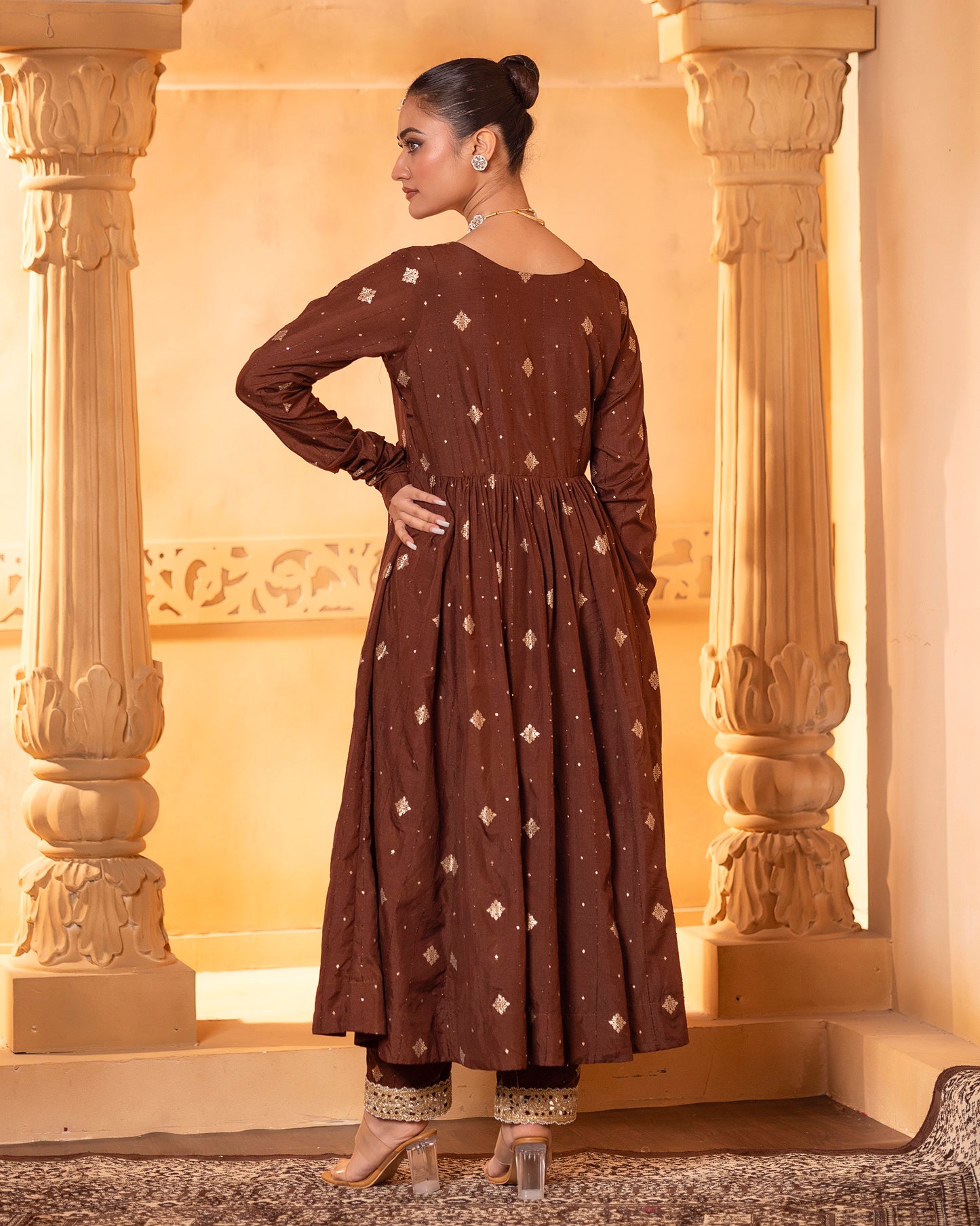 Naazrana Brown Anarkali, Pant and Dupatta Set of 3