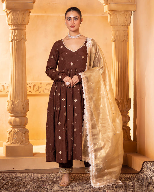 Naazrana Brown Anarkali, Pant and Dupatta Set of 3