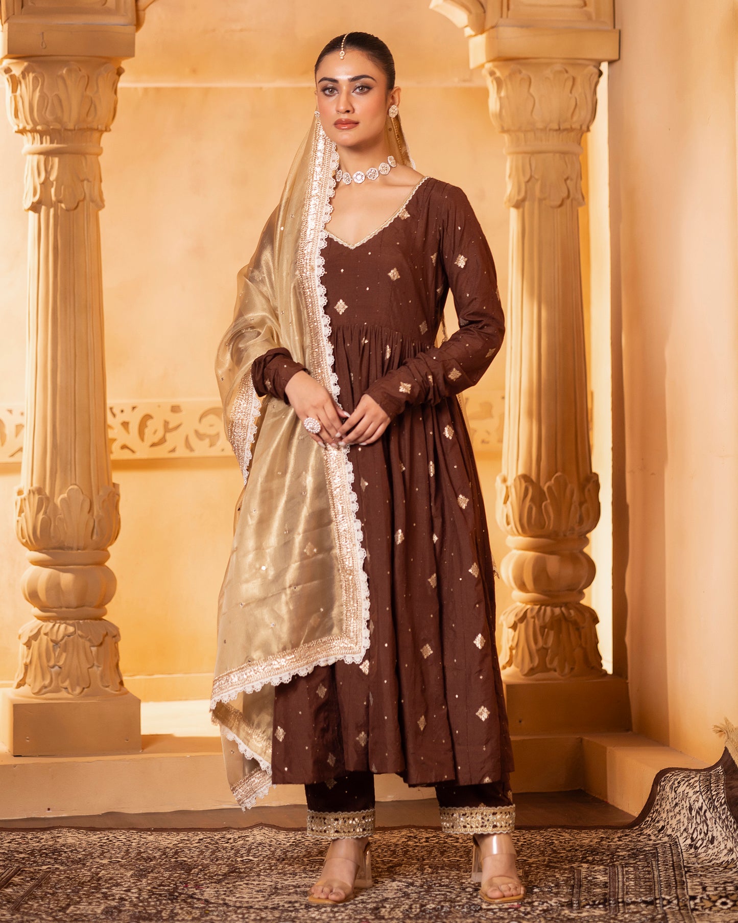 Naazrana Brown Anarkali, Pant and Dupatta Set of 3