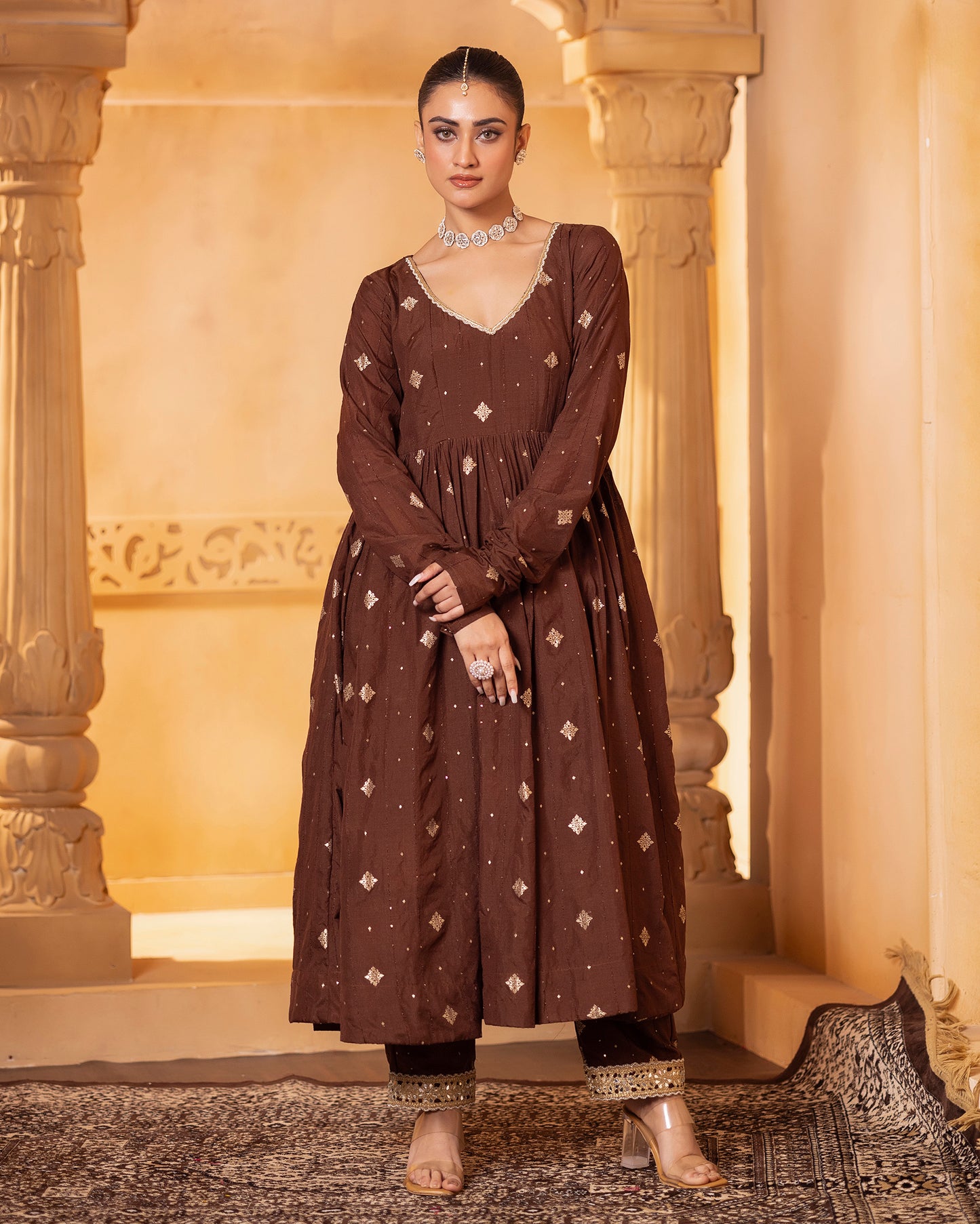 Naazrana Brown Anarkali, Pant and Dupatta Set of 3
