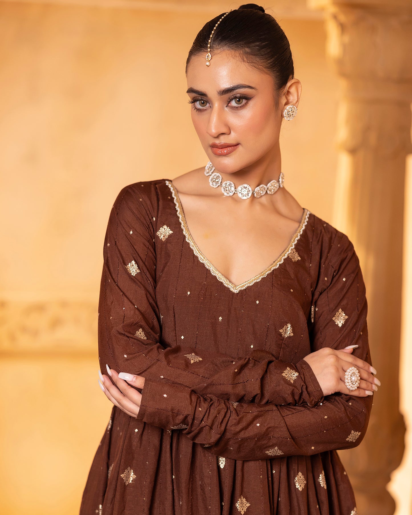 Naazrana Brown Anarkali, Pant and Dupatta Set of 3