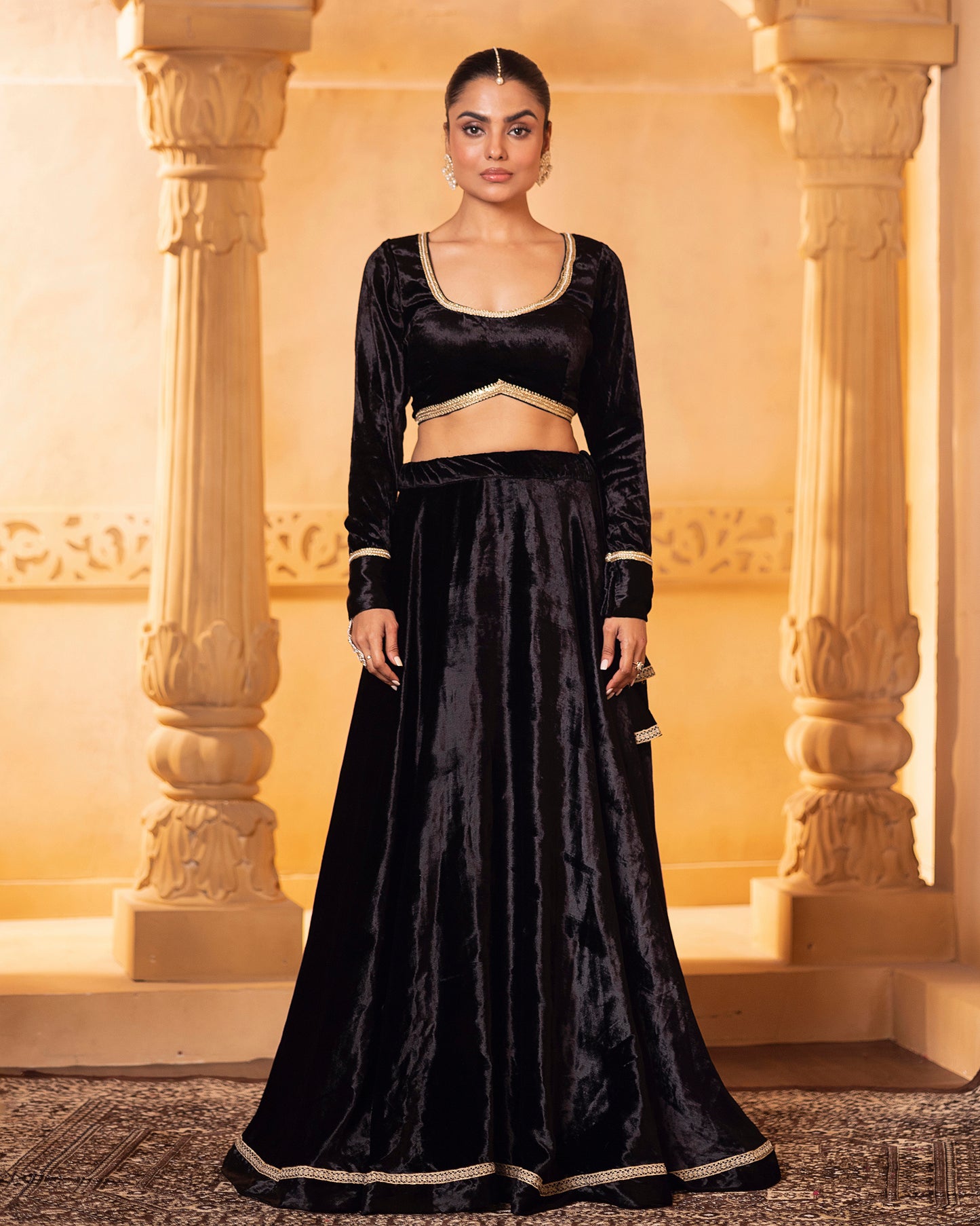 Mehru Black Velvet Blouse, Lehenga And Dupatta (Set Of 3)