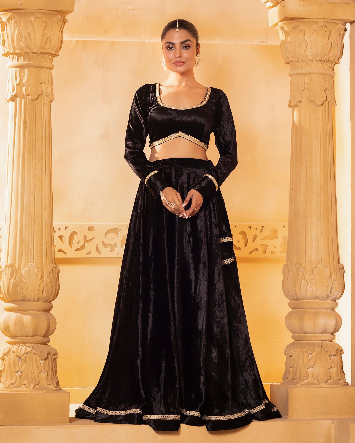 Mehru Black Velvet Blouse, Lehenga And Dupatta (Set Of 3)