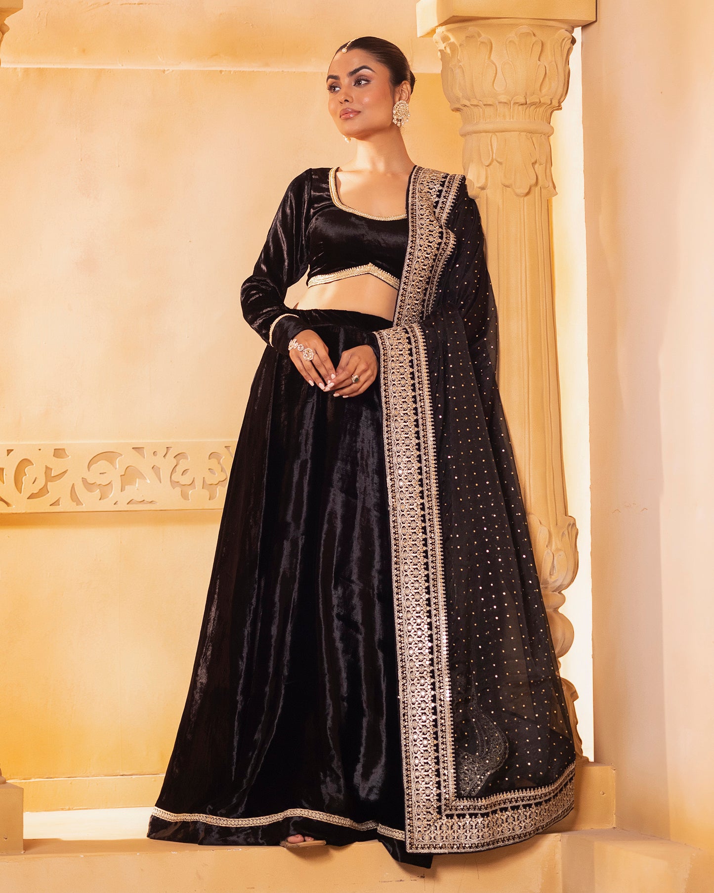 Mehru Black Velvet Blouse, Lehenga And Dupatta (Set Of 3)