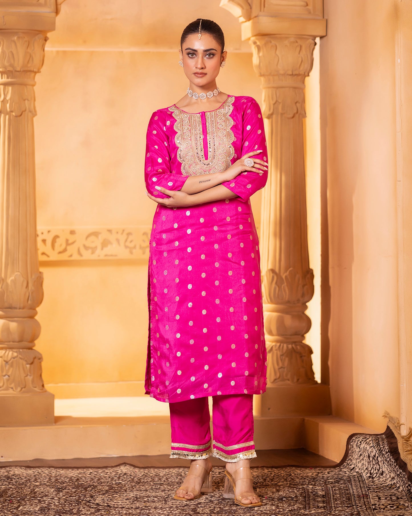 Rasiyaa Fuchsia Silk Kurta Set with Striped Dupatta