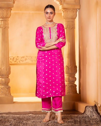 Rasiyaa Fuchsia Silk Kurta Set with Striped Dupatta