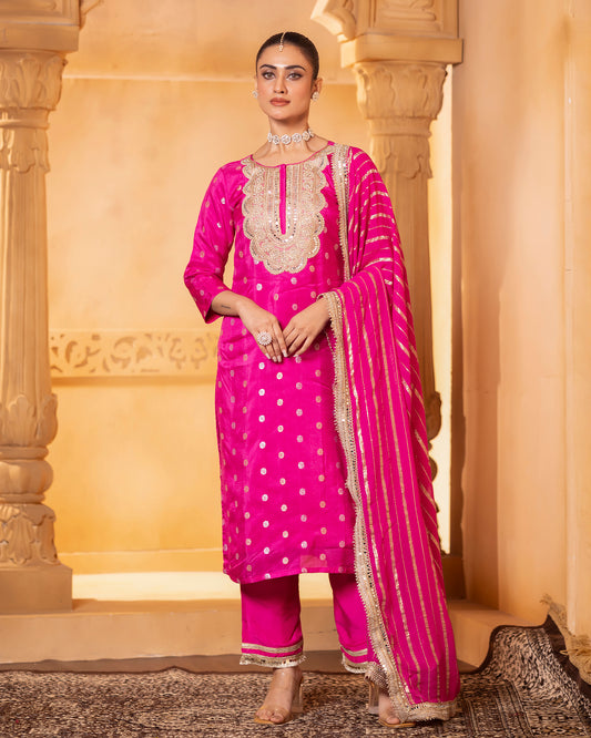 Rasiyaa Fuchsia Silk Kurta Set with Striped Dupatta