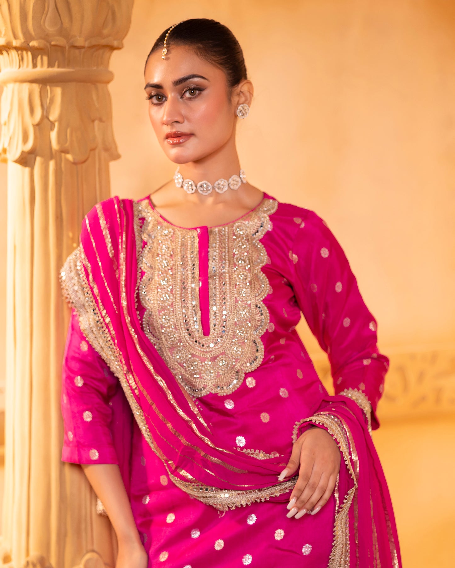 Rasiyaa Fuchsia Silk Kurta Set with Striped Dupatta