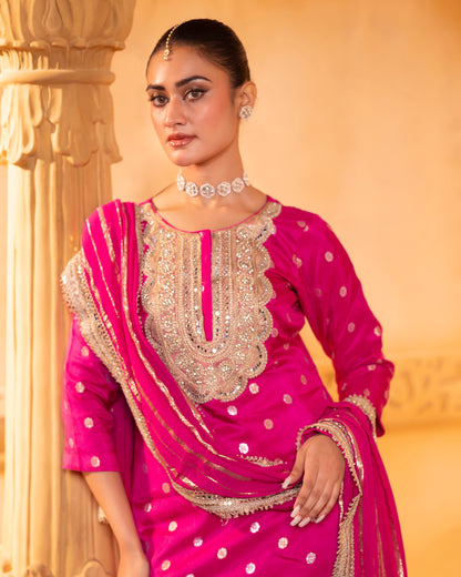 Rasiyaa Fuchsia Silk Kurta Set with Striped Dupatta