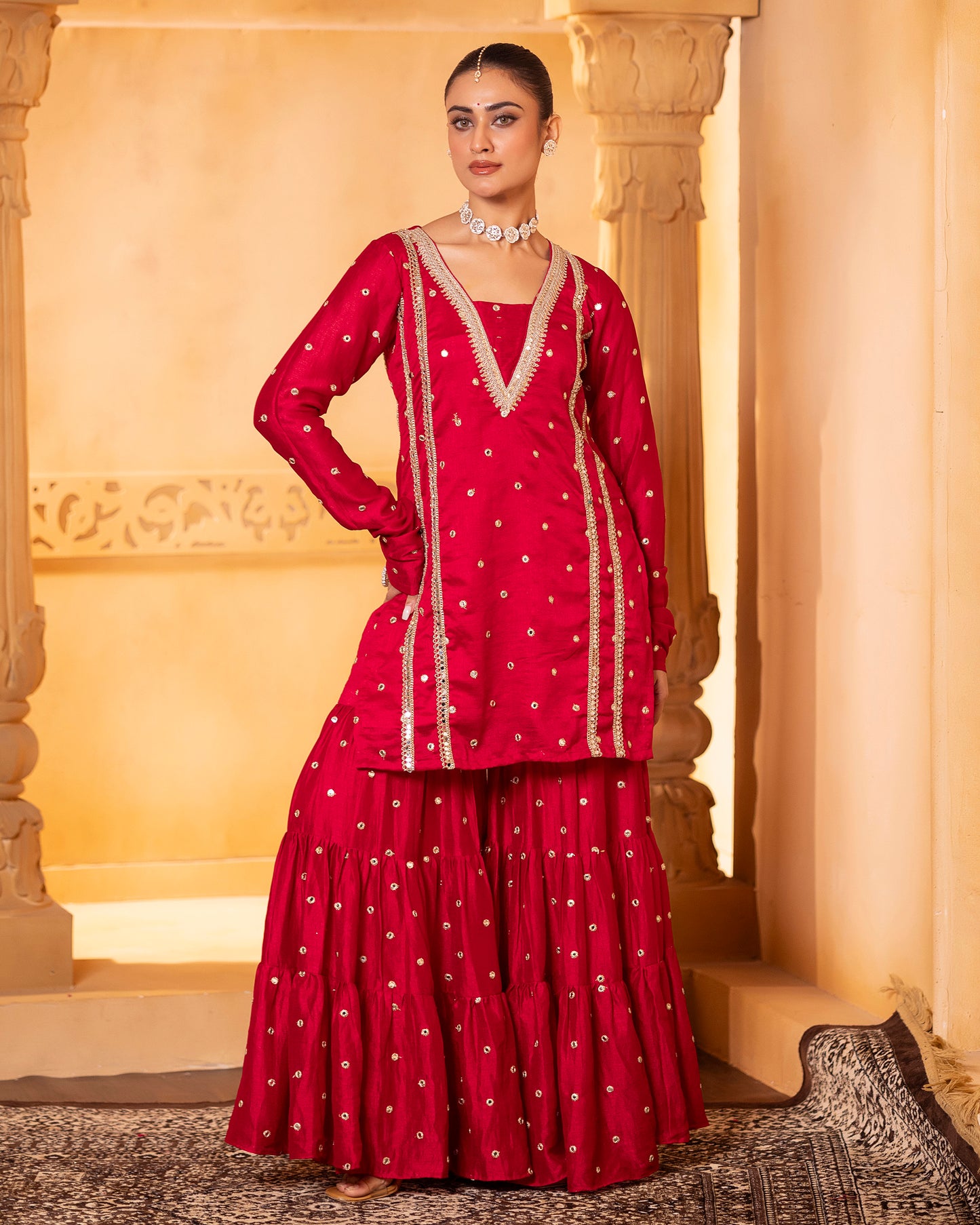Naazrana Red Kurta, Gharara and Dupatta Set of 3
