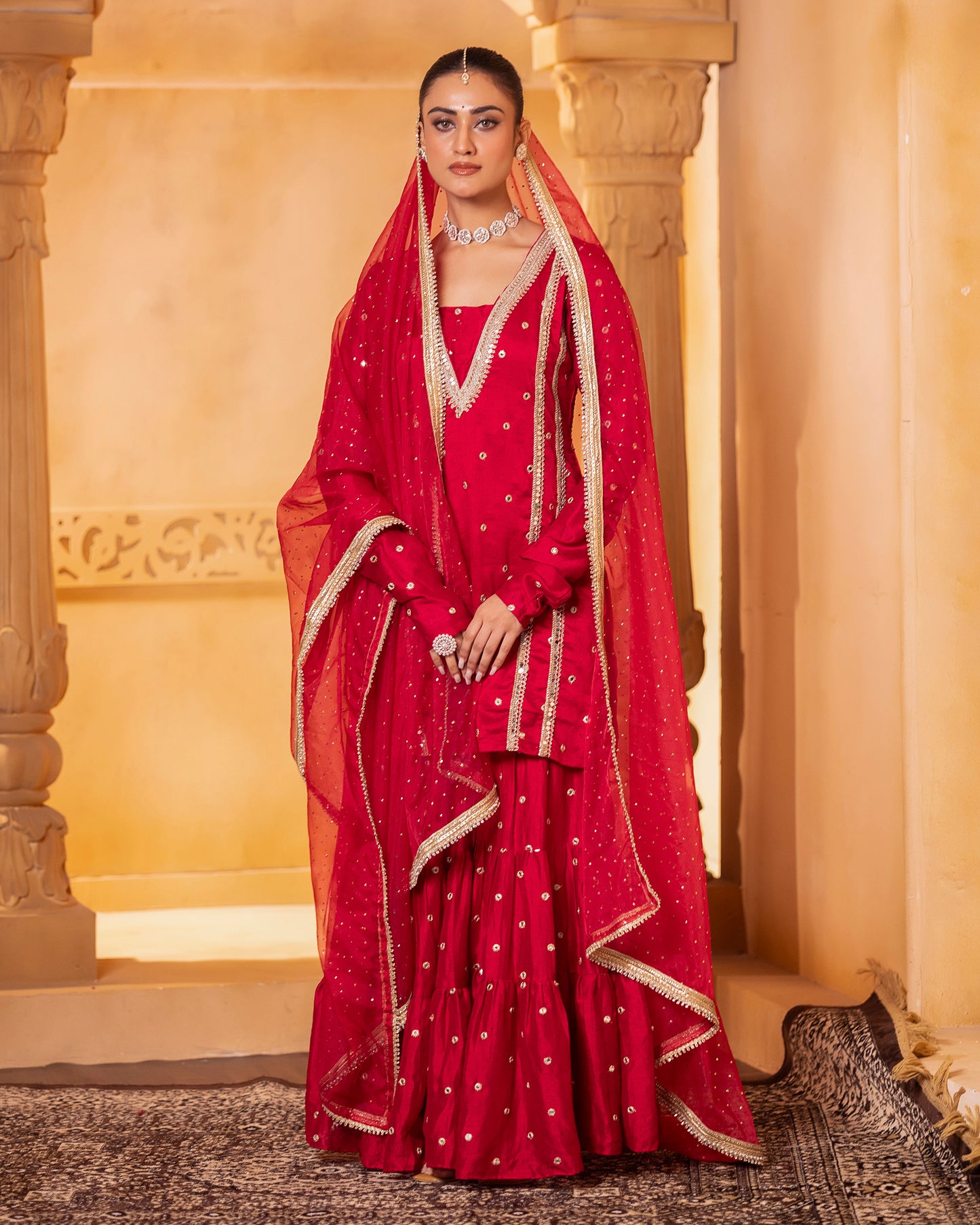 Naazrana Red Kurta, Gharara and Dupatta Set of 3