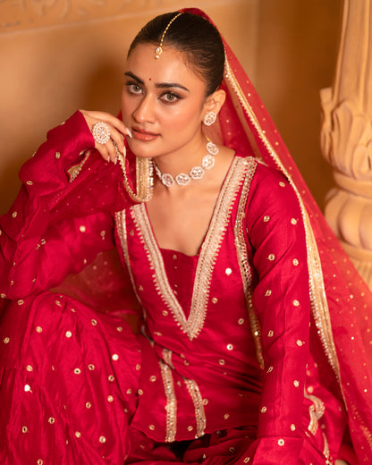 Naazrana Red Kurta, Gharara and Dupatta Set of 3