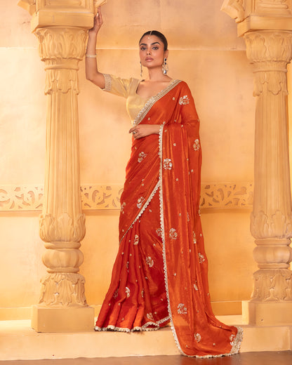 Sunheri 2.0 Burnt Orange Tissue Silk Saree