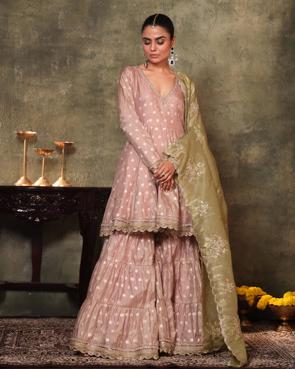 Rasiyaa Blush Pink Peplum, Gharara with Dupatta