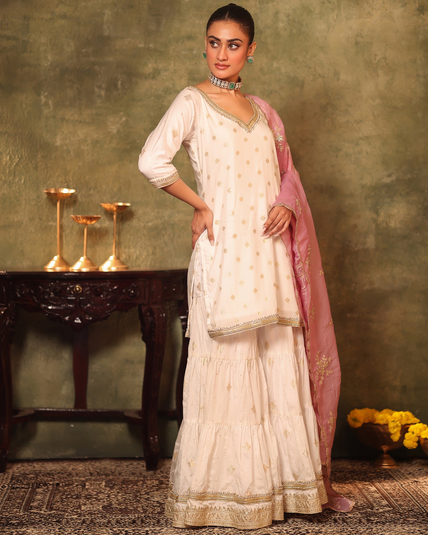 Tana Bana Ivory Silk Kurta, Gharara and Dupatta
