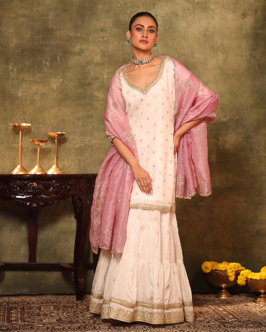 Tana Bana Ivory Silk Kurta, Gharara and Dupatta