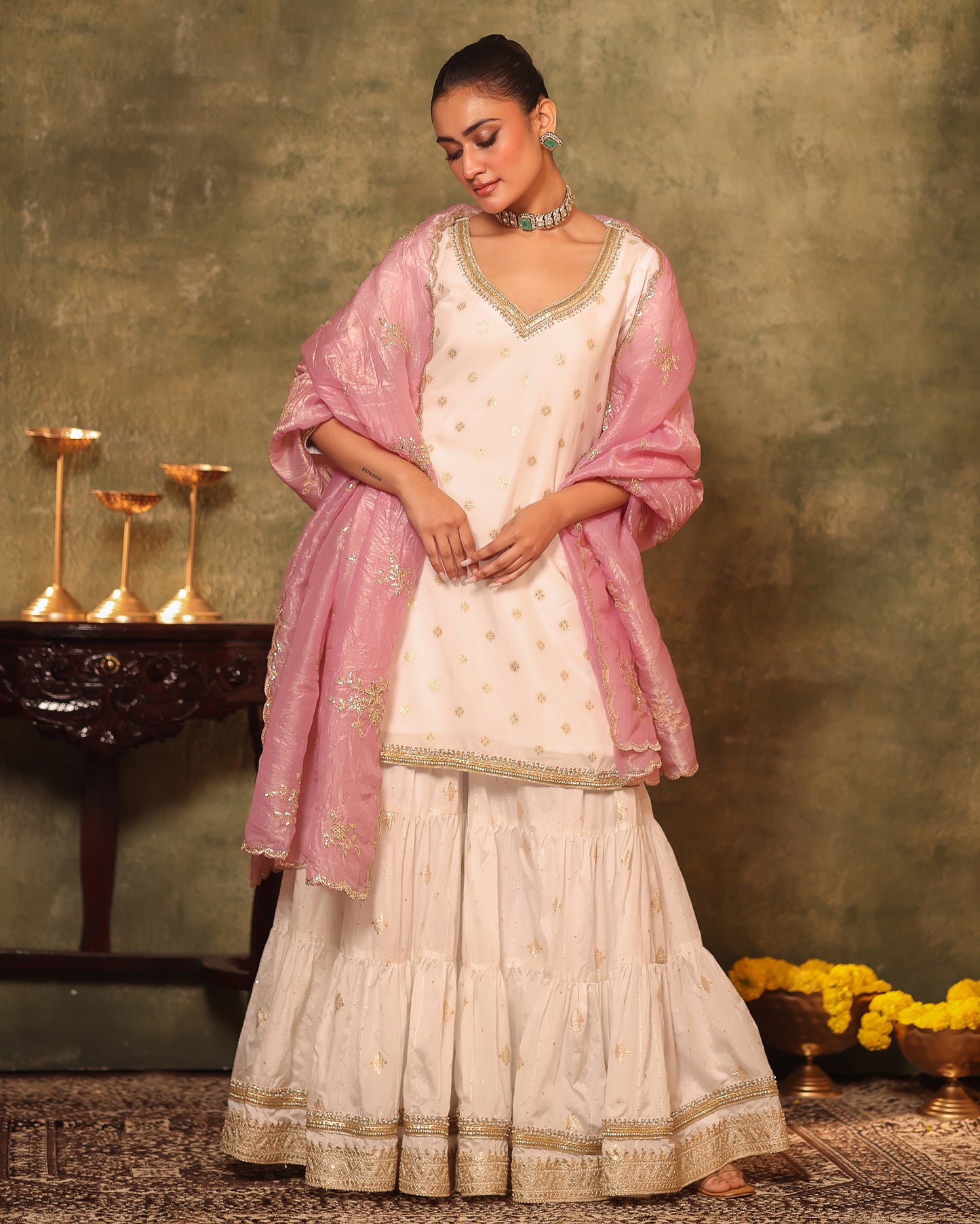 Tana Bana Ivory Silk Kurta, Gharara and Dupatta