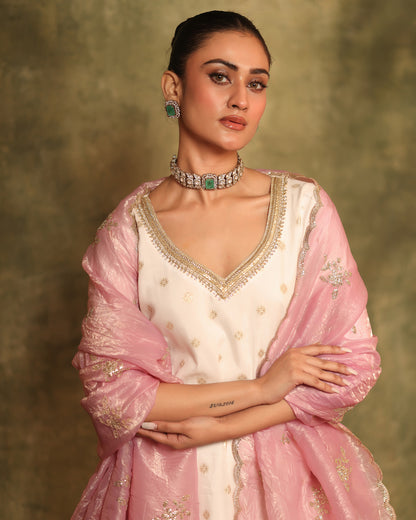 Tana Bana Ivory Silk Kurta, Gharara and Dupatta