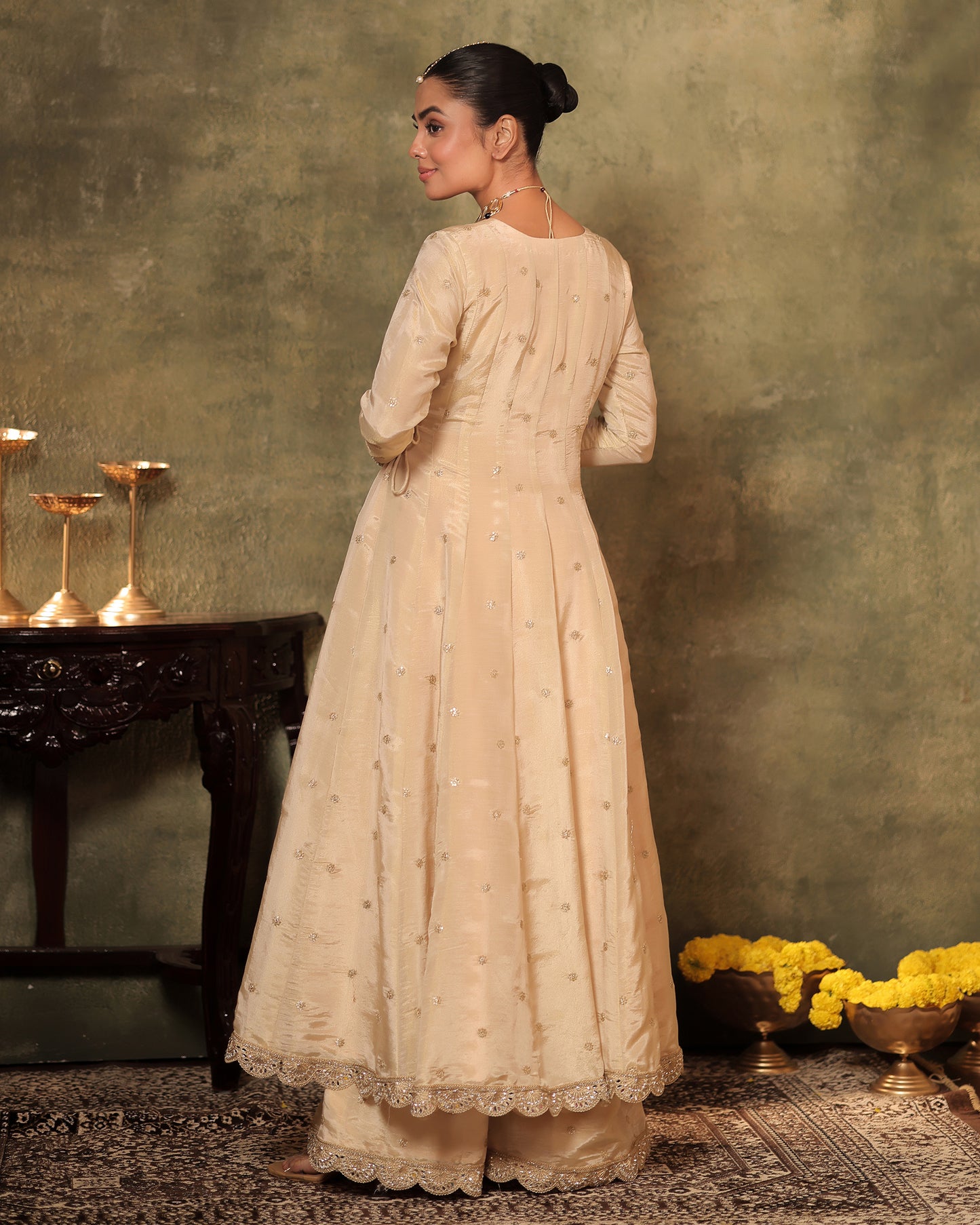 Sunheri Ivory Silk Tissue Angrakha Anarkali Set of 3